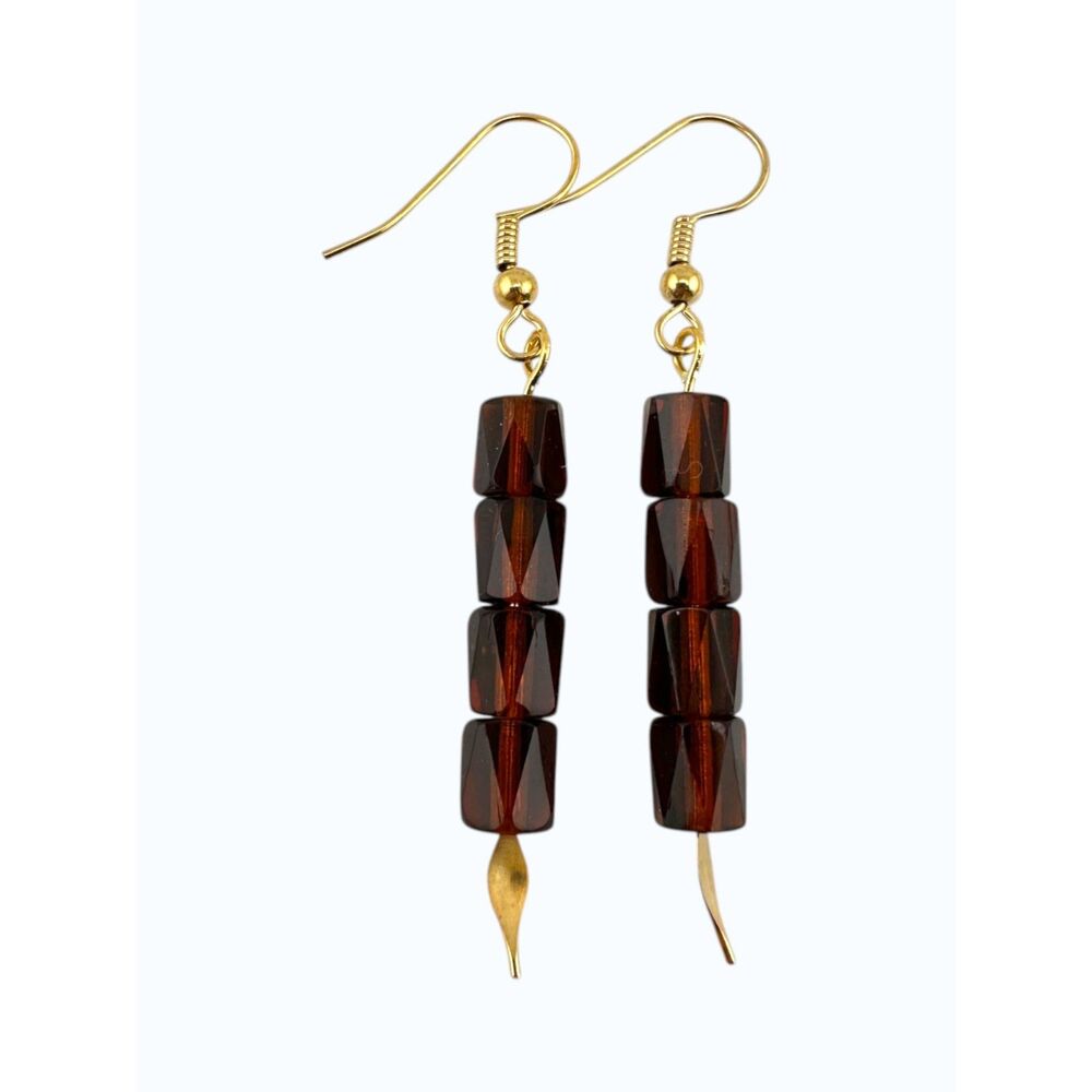 Amber Brown Czech Glass Earrings Gold Plated Faceted Dangle Minimalist Handmade - Picture 3 of 10